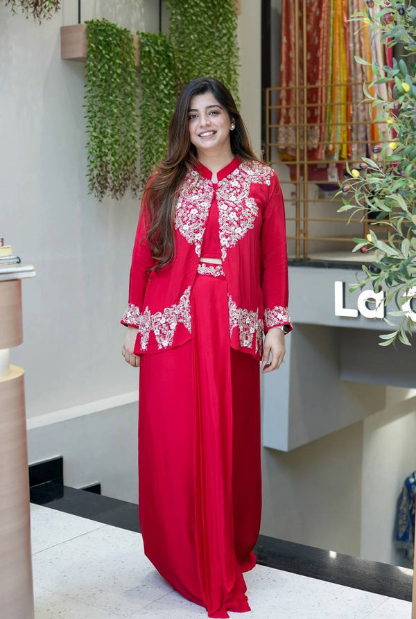 Red Color Chinnon Silk Fully Stitched Party Wear Dhoti Suit With Koti