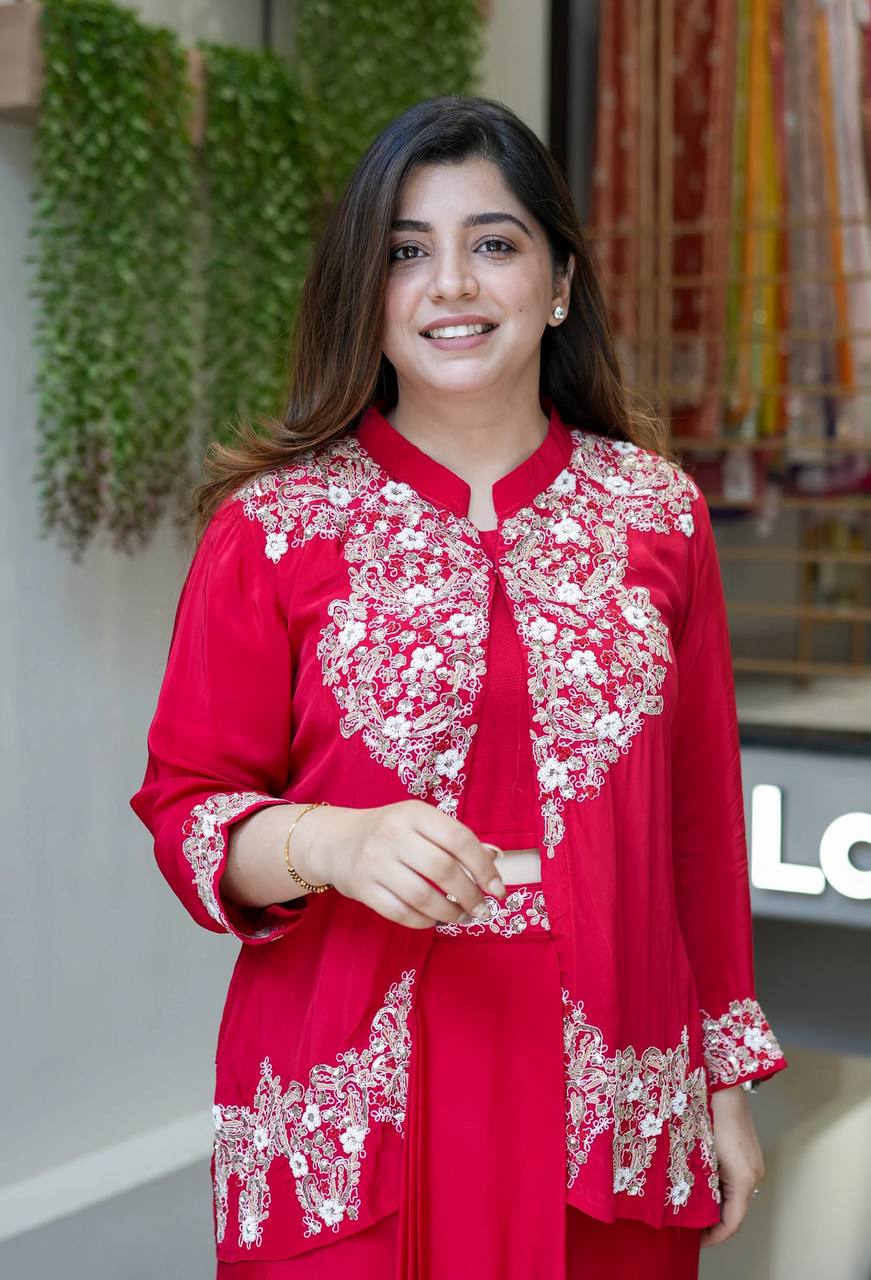 Red Color Chinnon Silk Fully Stitched Party Wear Dhoti Suit With Koti