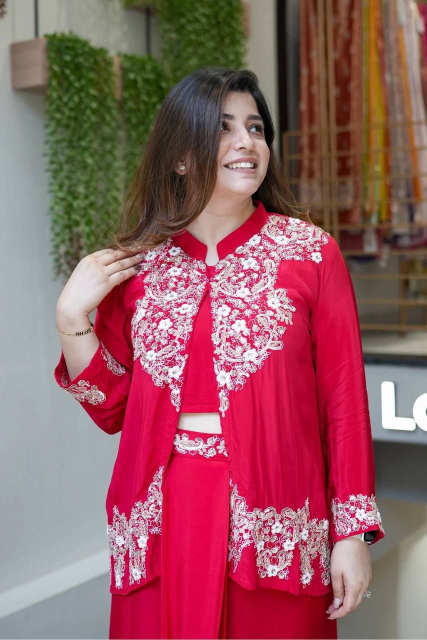 Red Color Chinnon Silk Fully Stitched Party Wear Dhoti Suit With Koti