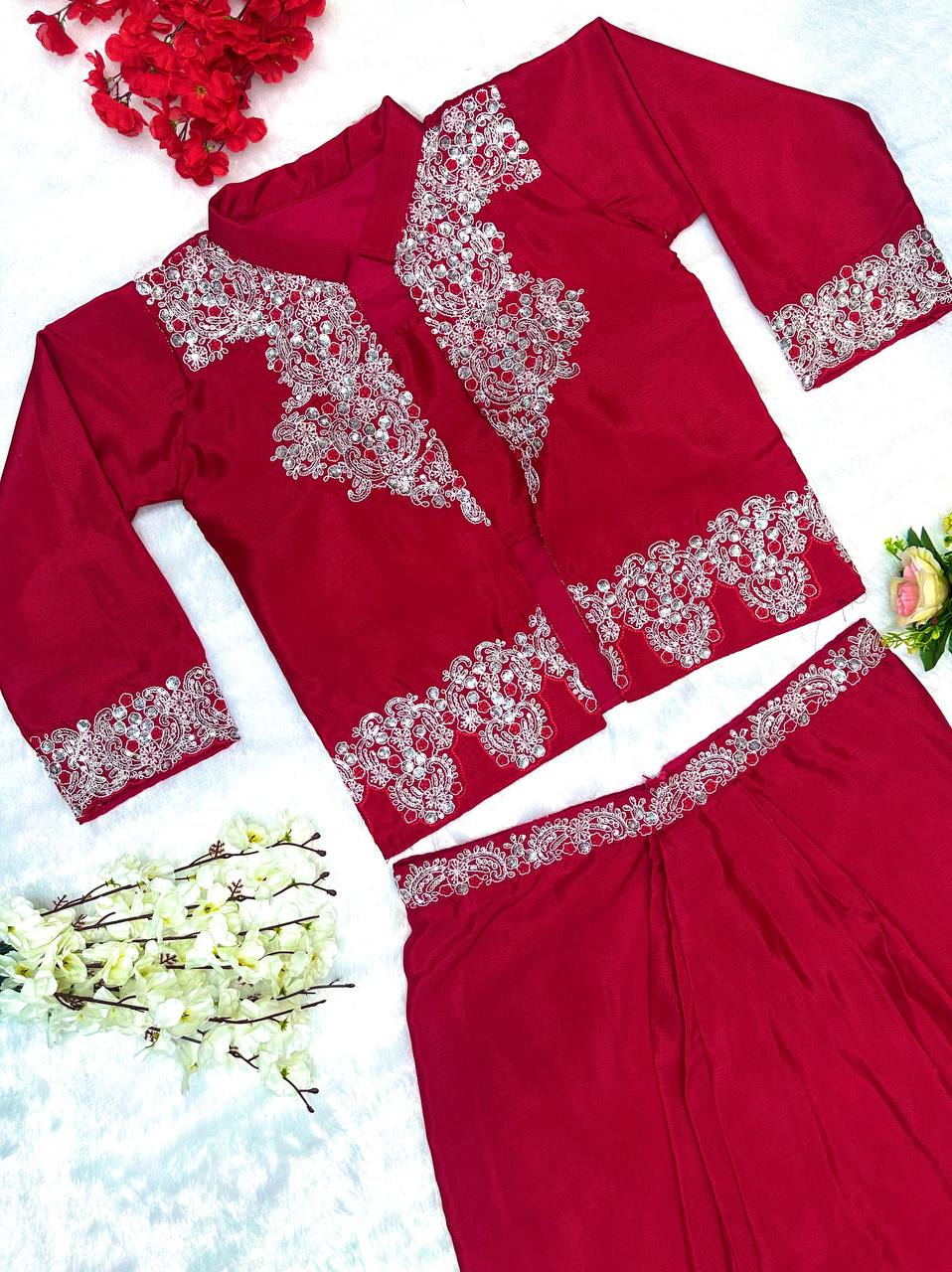 Red Color Chinnon Silk Fully Stitched Party Wear Dhoti Suit With Koti