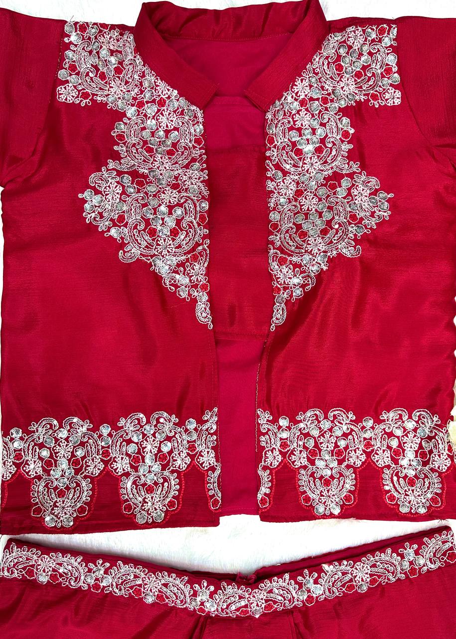 Red Color Chinnon Silk Fully Stitched Party Wear Dhoti Suit With Koti