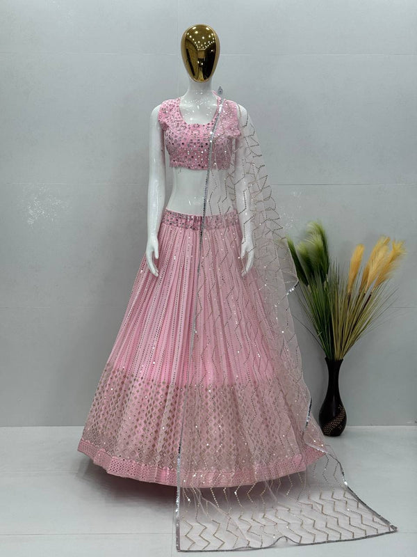 Elegant Baby Pink Color Faux Georgette Embroidered Sequence Work With Real Mirror Hand Work Lehenga Choli