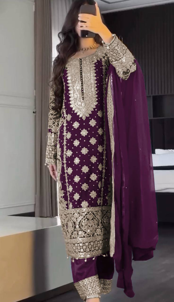 Reception Wear Wine Color Faux Georgette With Heavy Embroidery Sequence Work Designer Salwar Suit