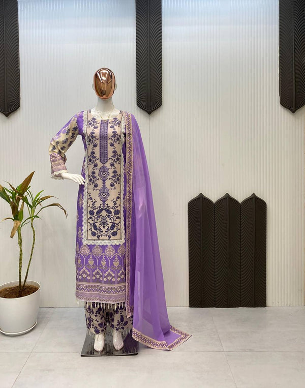 Beautiful Lavender Color Maslin With Real Mirror And Diamond Work Designer Salwar Suit