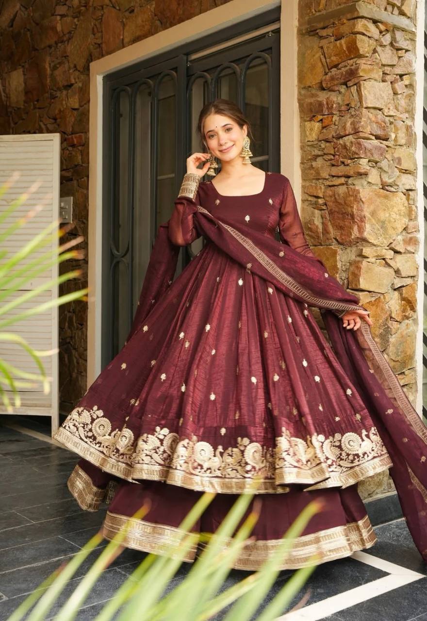 Party Wear Maroon Color Heavy Crunchy Silk And  Embroidery With Sequin Work Beautiful Anarkali Suit
