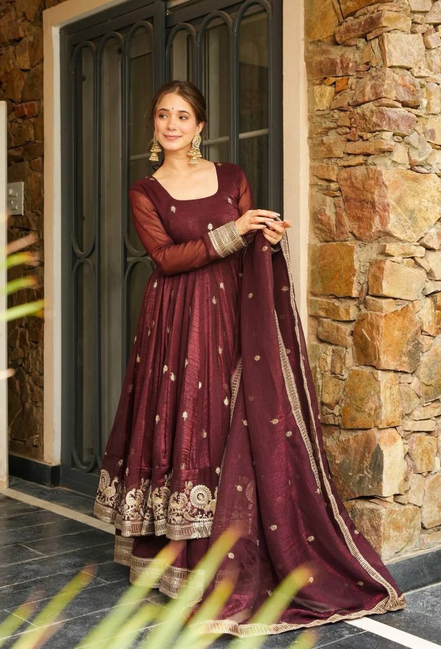 Party Wear Maroon Color Heavy Crunchy Silk And  Embroidery With Sequin Work Beautiful Anarkali Suit