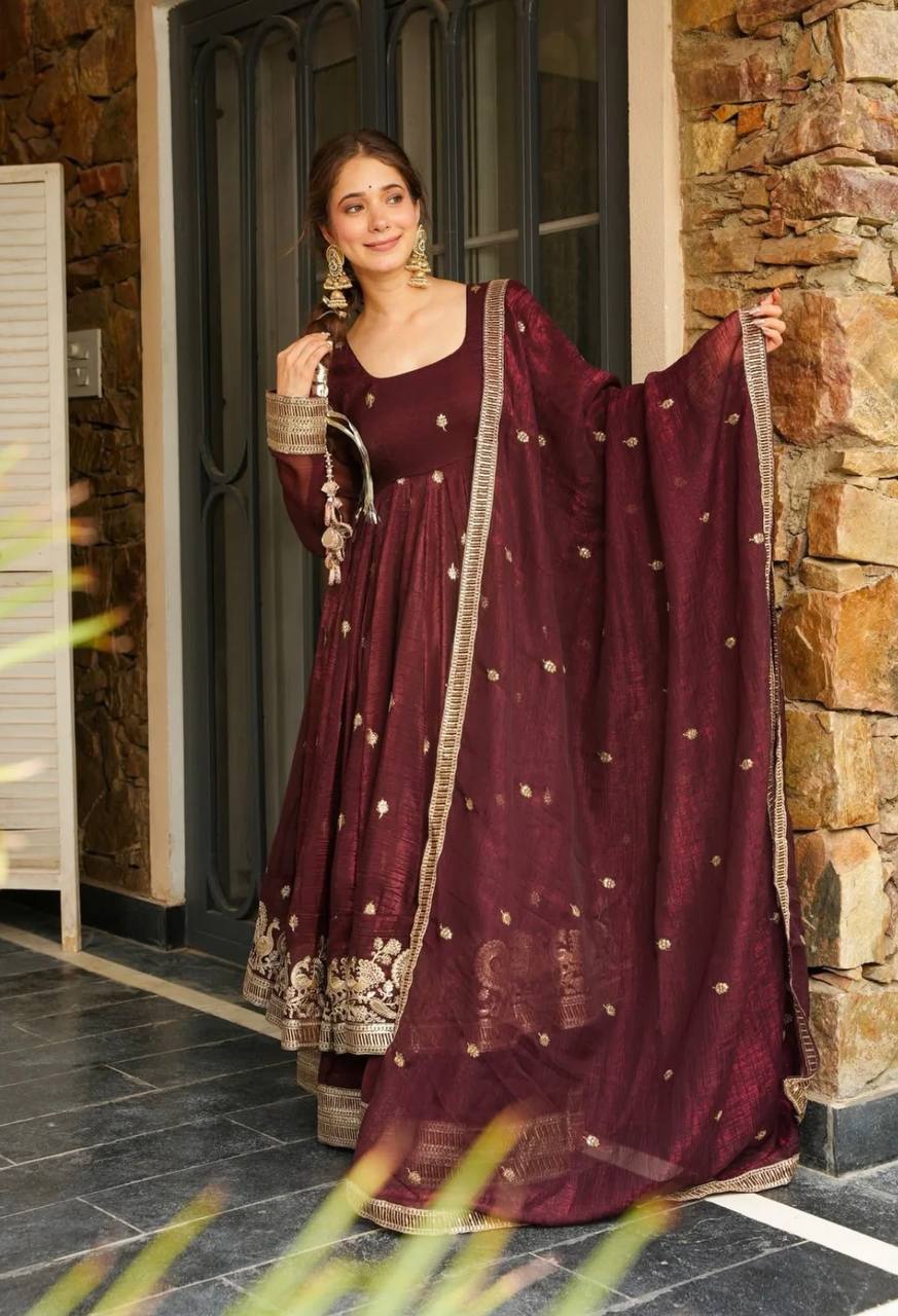 Party Wear Maroon Color Heavy Crunchy Silk And  Embroidery With Sequin Work Beautiful Anarkali Suit