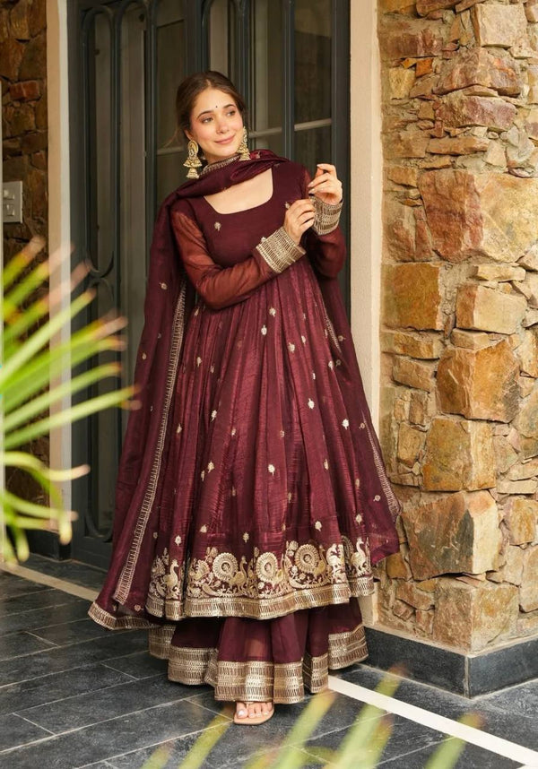 Party Wear Maroon Color Heavy Crunchy Silk And  Embroidery With Sequin Work Beautiful Anarkali Suit