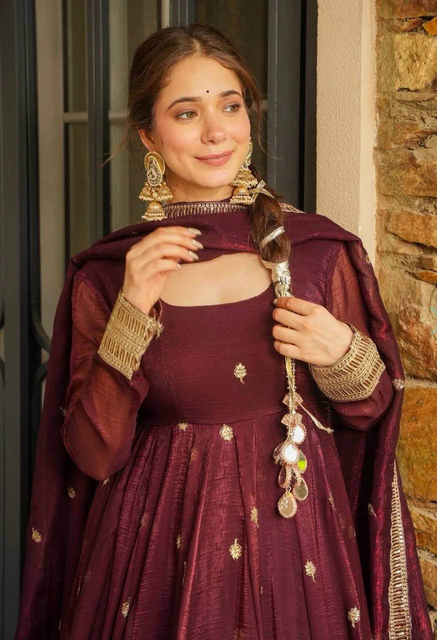 Party Wear Maroon Color Heavy Crunchy Silk And  Embroidery With Sequin Work Beautiful Anarkali Suit