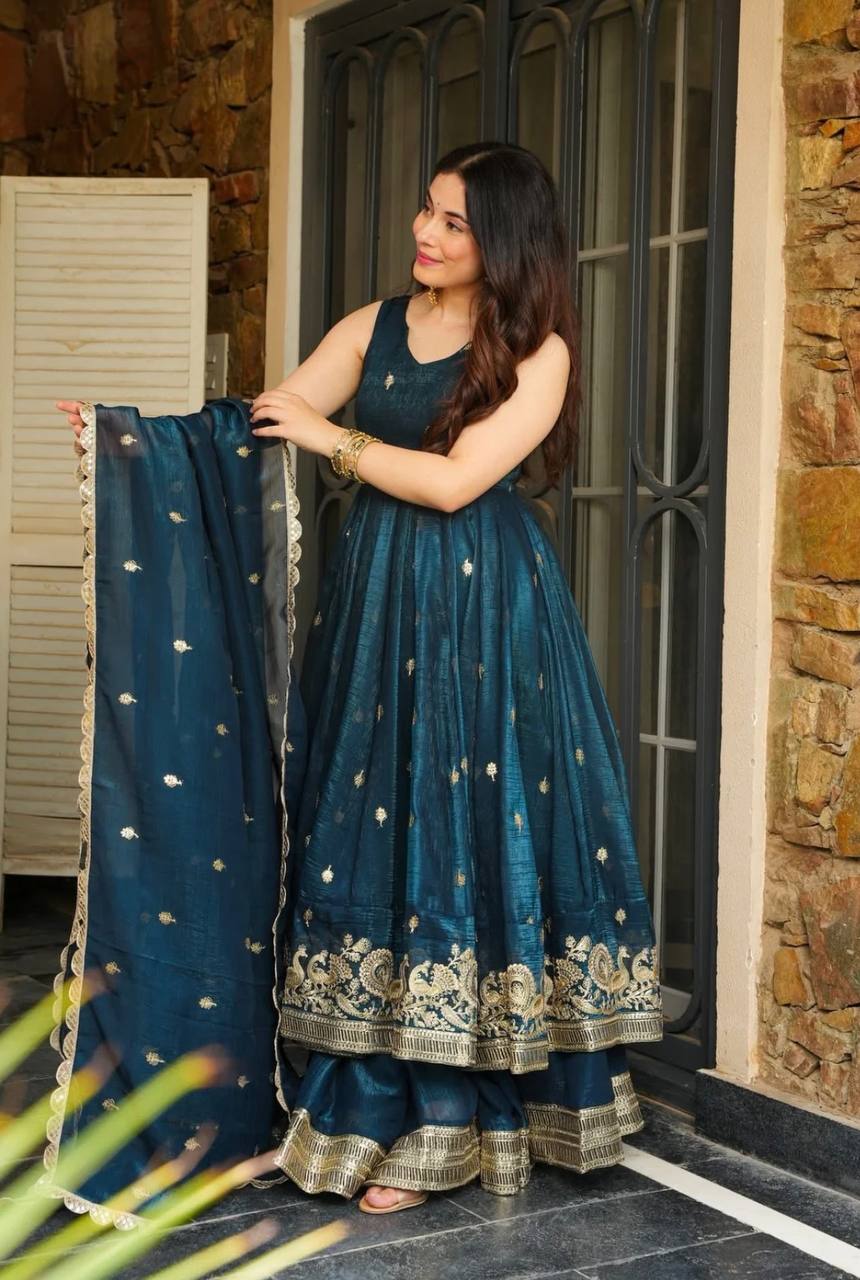 Festival Wear Teal Color Heavy Crunchy Silk And Embroidery With Sequin Work Beautiful Anarkali Suit