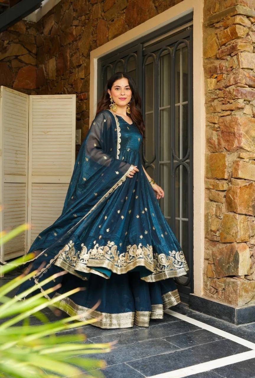 Festival Wear Teal Color Heavy Crunchy Silk And Embroidery With Sequin Work Beautiful Anarkali Suit