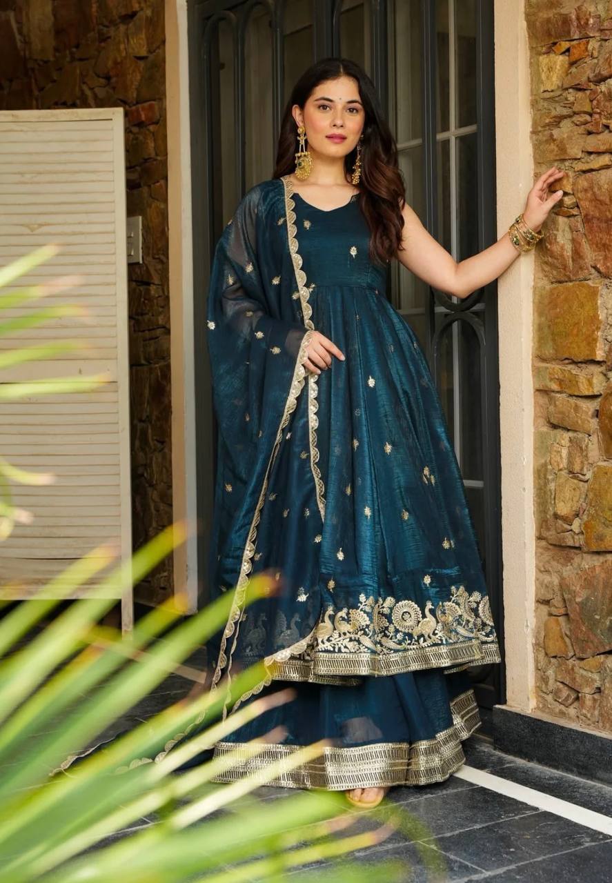 Festival Wear Teal Color Heavy Crunchy Silk And Embroidery With Sequin Work Beautiful Anarkali Suit