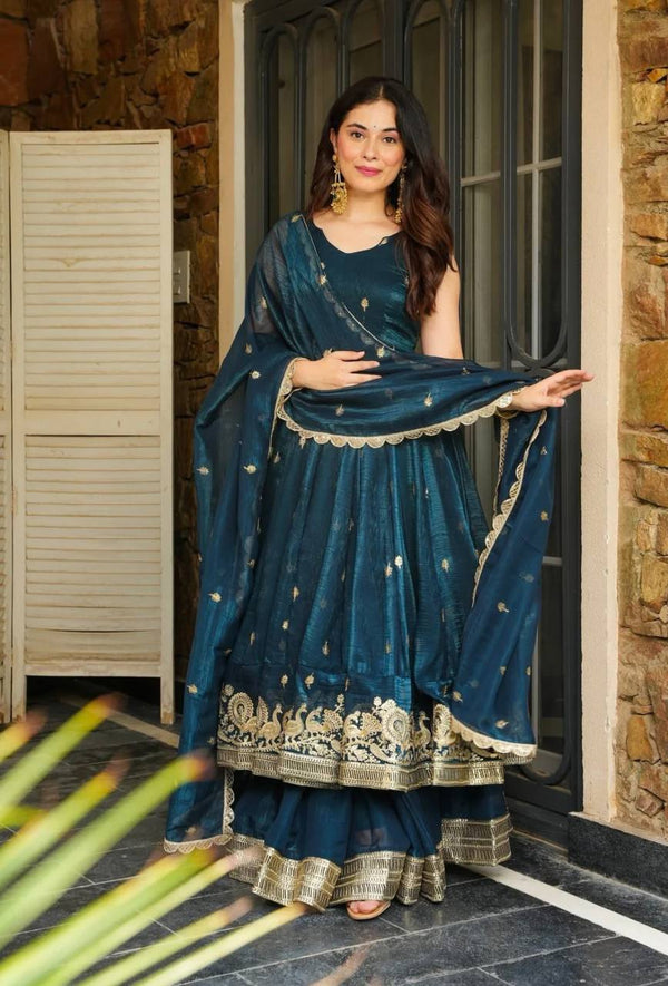 Festival Wear Teal Color Heavy Crunchy Silk And Embroidery With Sequin Work Beautiful Anarkali Suit