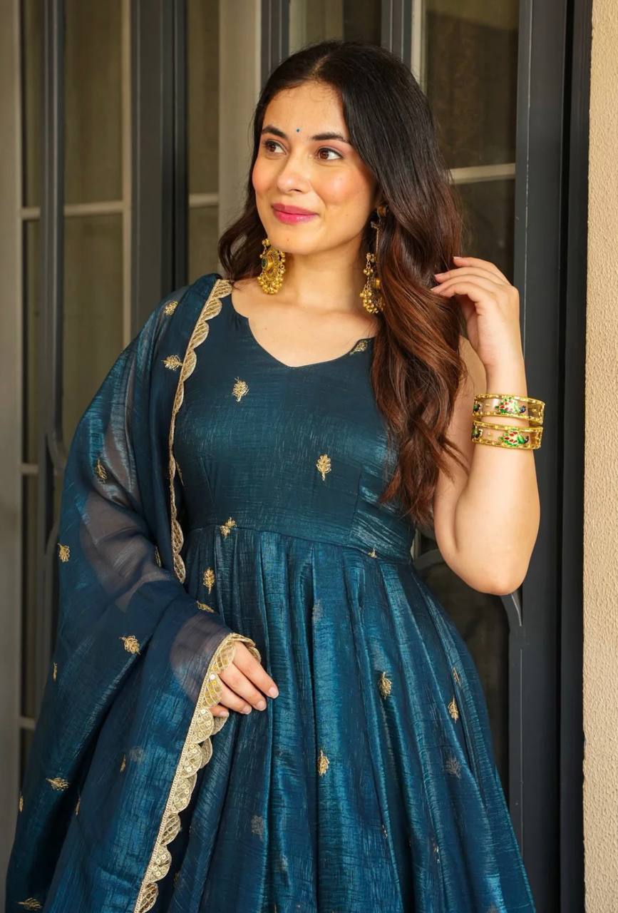 Festival Wear Teal Color Heavy Crunchy Silk And Embroidery With Sequin Work Beautiful Anarkali Suit