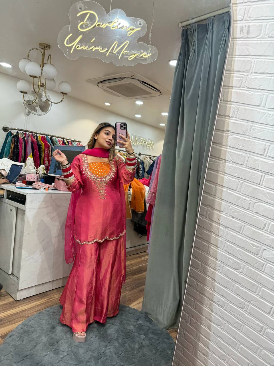 Ceremony Wear Pink Color Heavy Simar Silk With Embroidered 3-Piece Set Palazzo Suit