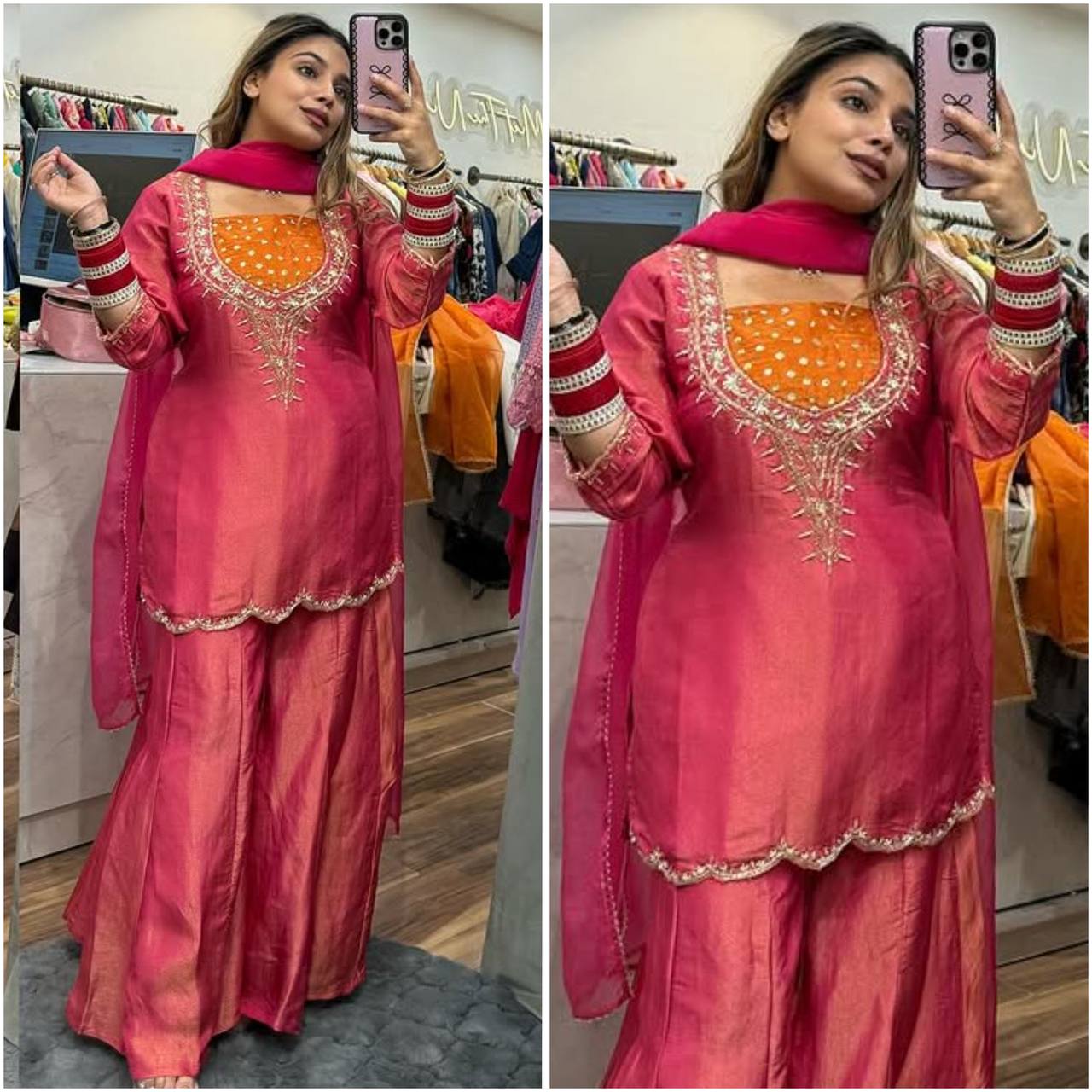 Ceremony Wear Pink Color Heavy Simar Silk With Embroidered 3-Piece Set Palazzo Suit
