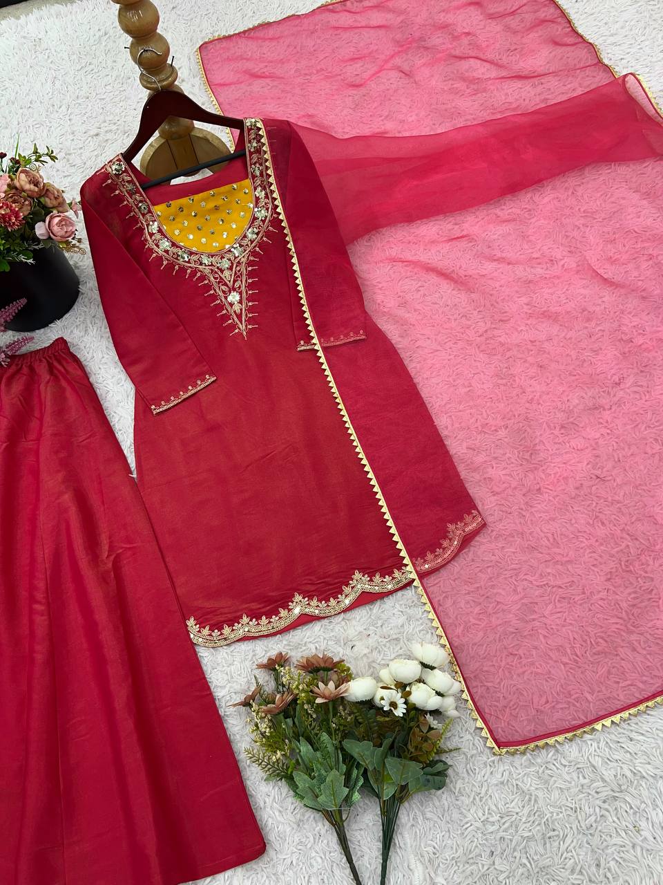 Ceremony Wear Pink Color Heavy Simar Silk With Embroidered 3-Piece Set Palazzo Suit