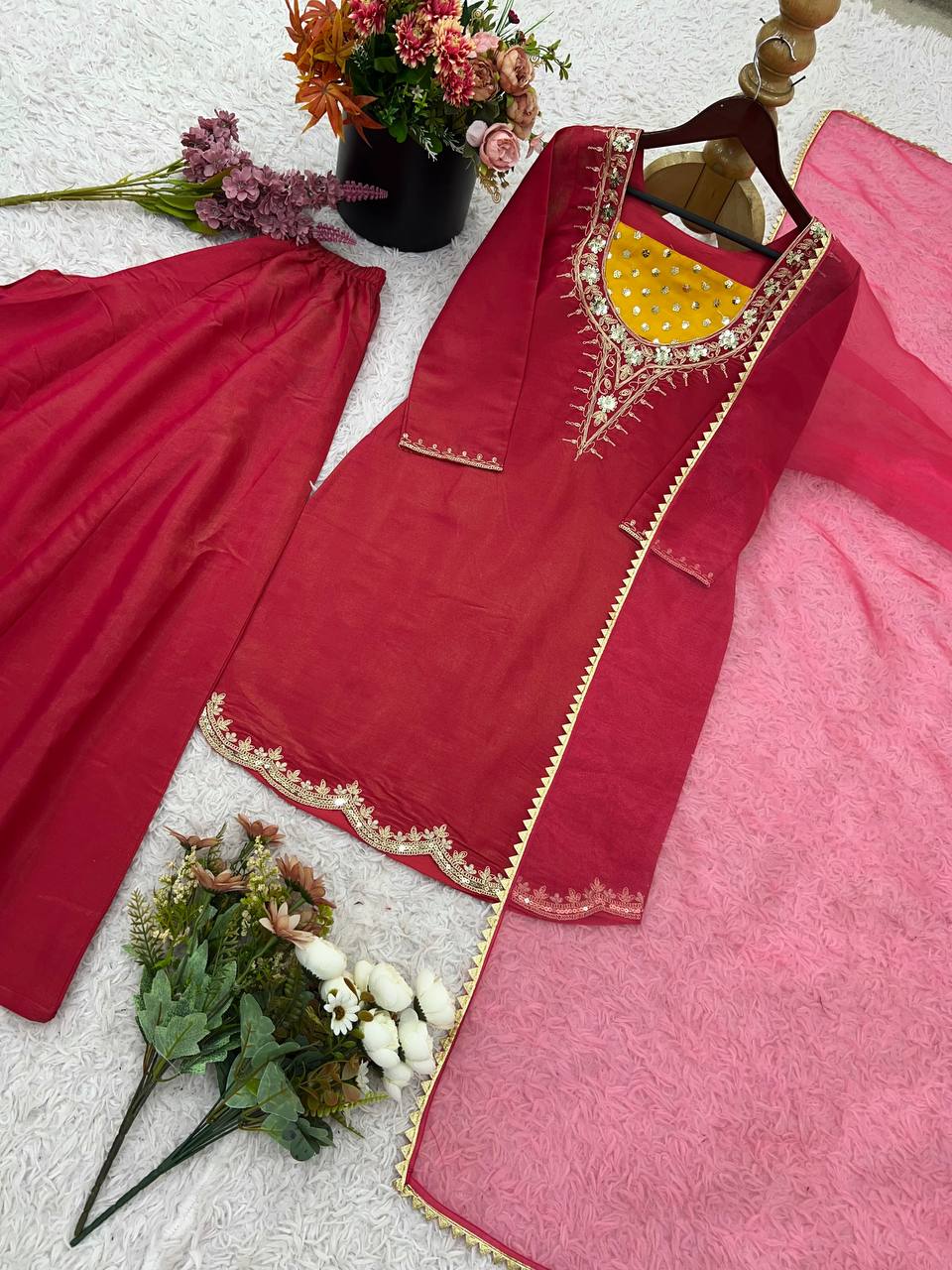 Ceremony Wear Pink Color Heavy Simar Silk With Embroidered 3-Piece Set Palazzo Suit