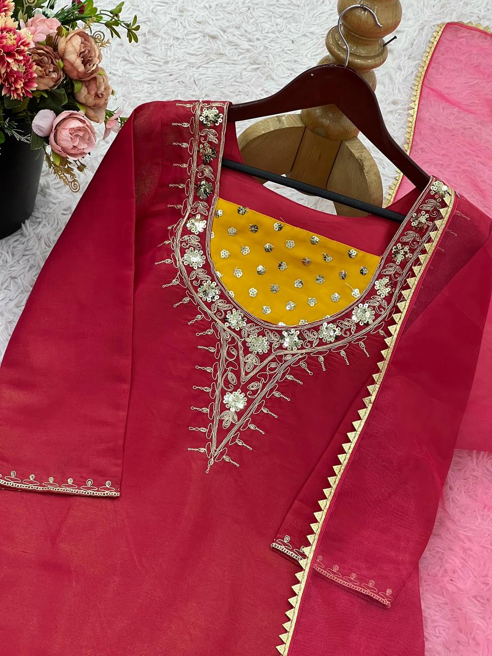 Ceremony Wear Pink Color Heavy Simar Silk With Embroidered 3-Piece Set Palazzo Suit