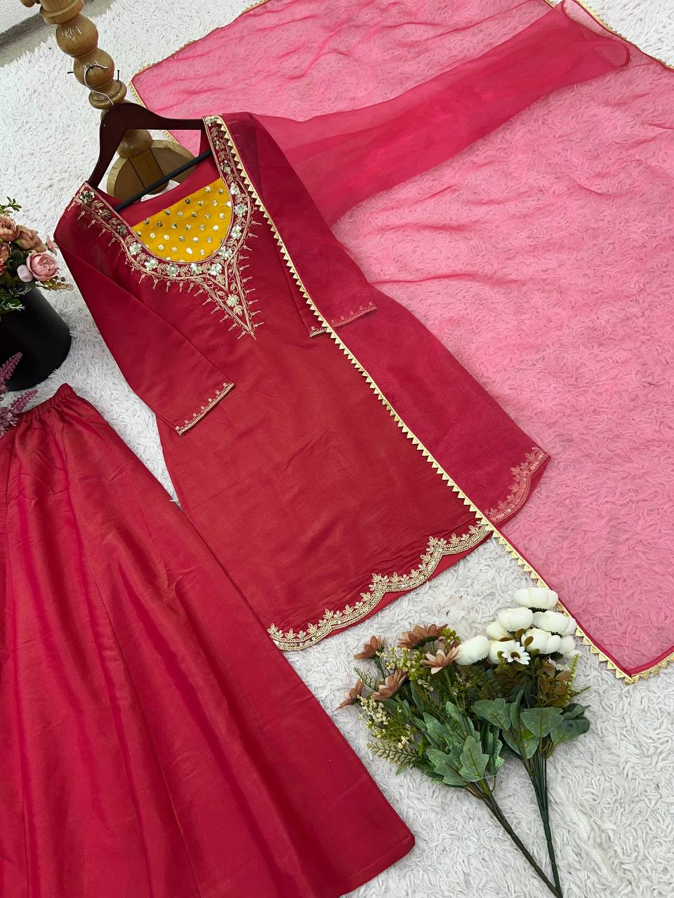 Ceremony Wear Pink Color Heavy Simar Silk With Embroidered 3-Piece Set Palazzo Suit