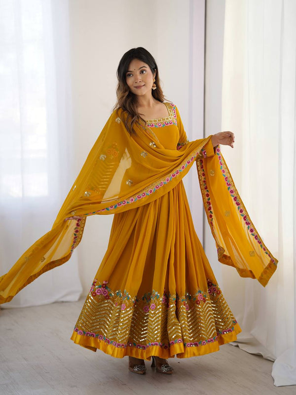 Party Wear Yellow Color Heavy Georgette Heavy Multithread Embroidery With 5mm Sequence Work Anarkali Gown