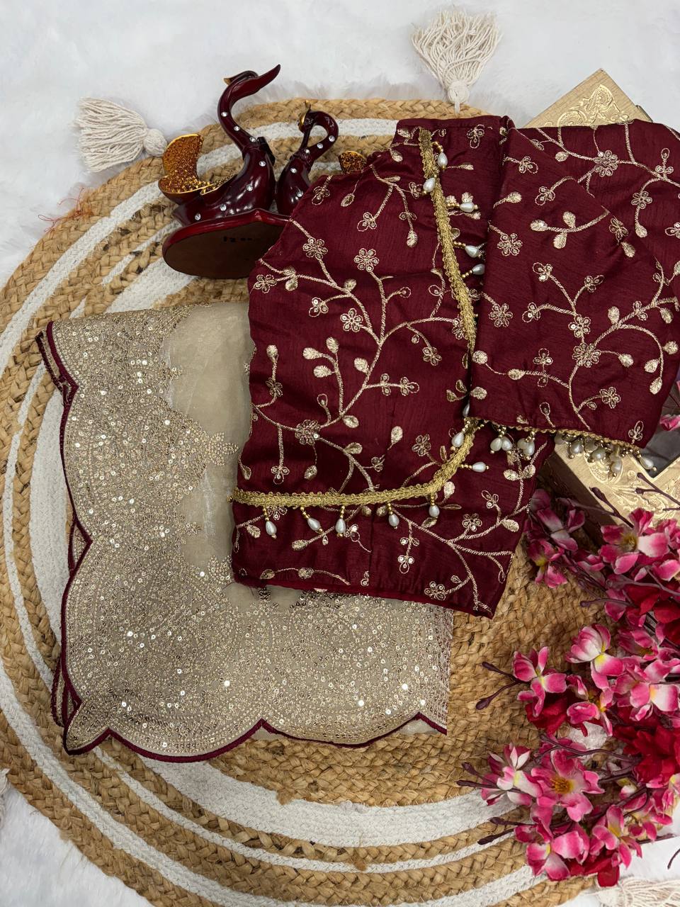 Party Wear Grey Color Soft Jimmy Chu Sequins With Zari Embroidery Work Designer Saree With Maroon Blouse
