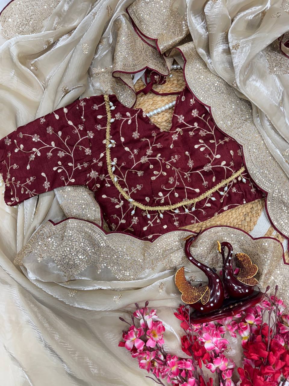 Party Wear Grey Color Soft Jimmy Chu Sequins With Zari Embroidery Work Designer Saree With Maroon Blouse