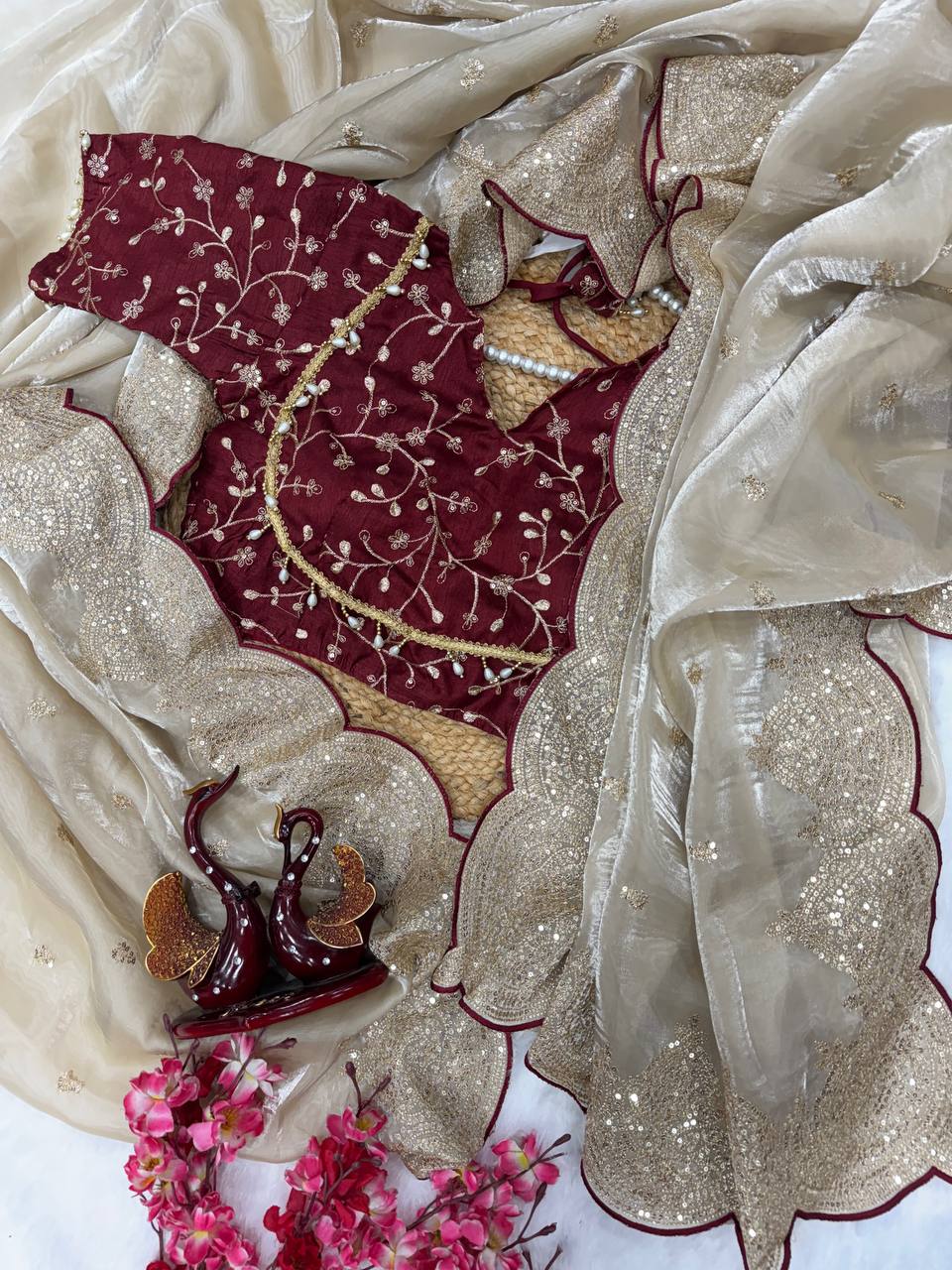 Party Wear Grey Color Soft Jimmy Chu Sequins With Zari Embroidery Work Designer Saree With Maroon Blouse