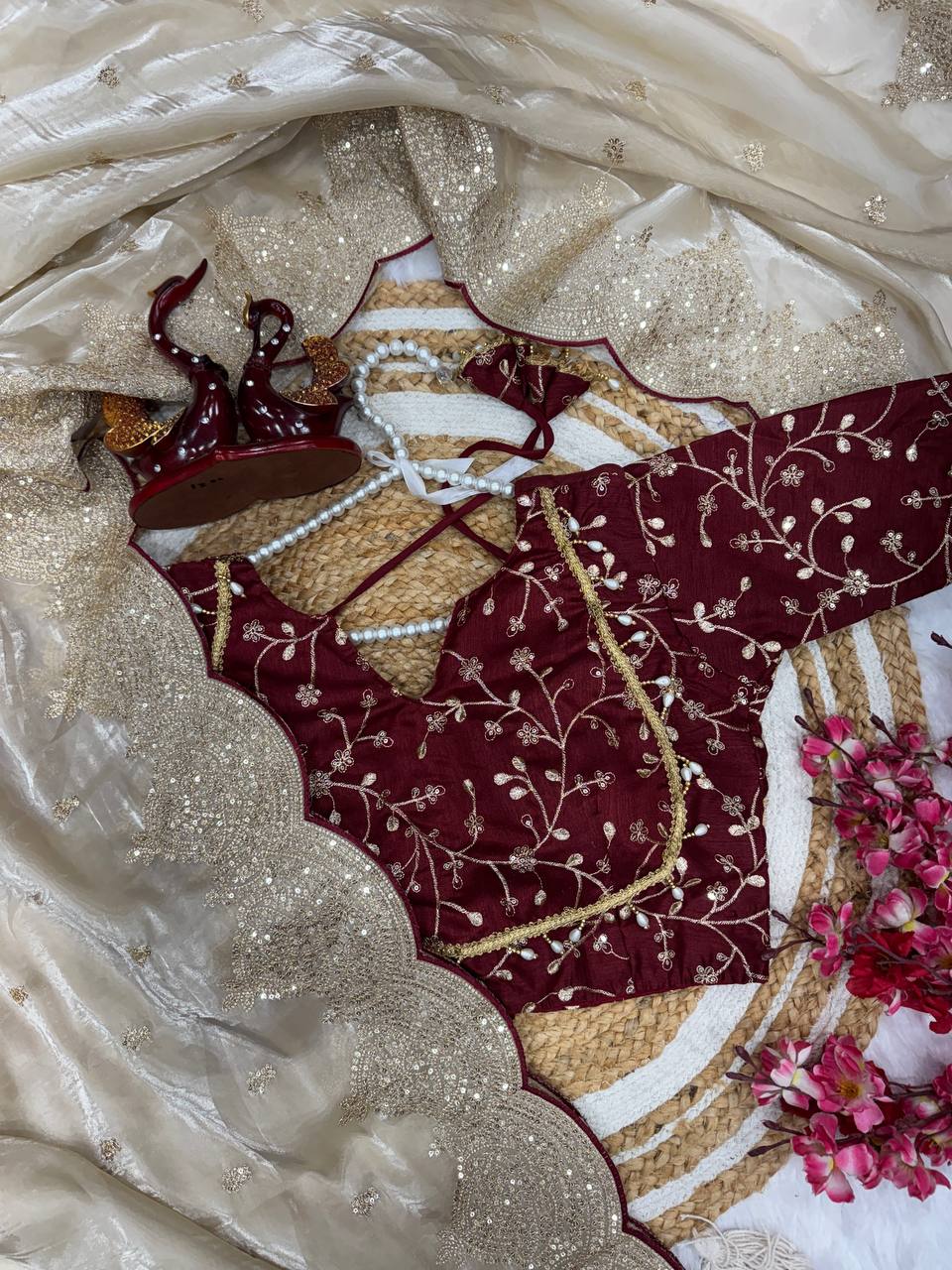 Party Wear Grey Color Soft Jimmy Chu Sequins With Zari Embroidery Work Designer Saree With Maroon Blouse
