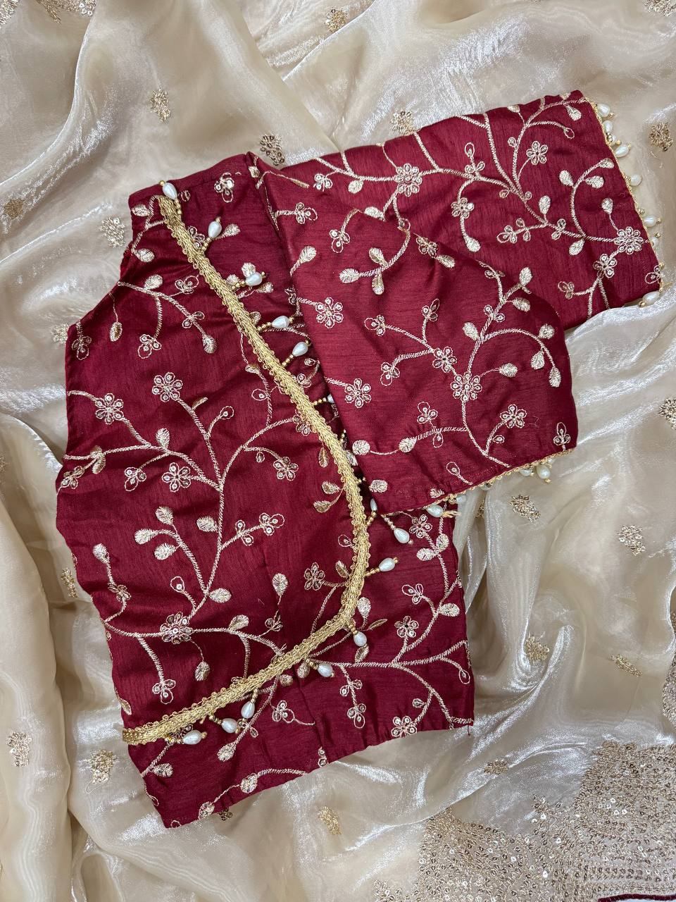 Party Wear Grey Color Soft Jimmy Chu Sequins With Zari Embroidery Work Designer Saree With Maroon Blouse