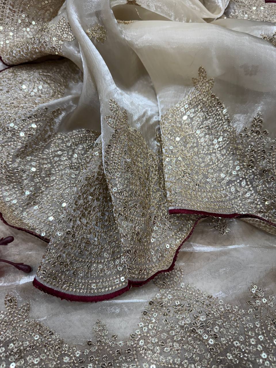 Party Wear Grey Color Soft Jimmy Chu Sequins With Zari Embroidery Work Designer Saree With Maroon Blouse
