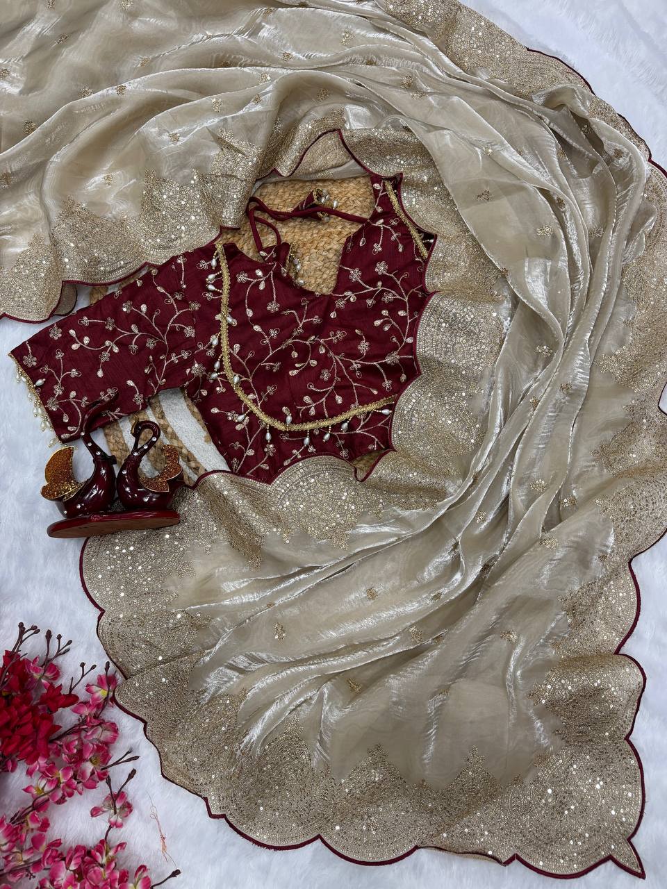 Party Wear Grey Color Soft Jimmy Chu Sequins With Zari Embroidery Work Designer Saree With Maroon Blouse