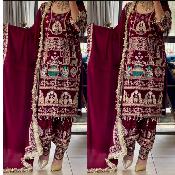 Sangeet Wear Maroon Color Natural Crepe Heavy Embroidery With 5mm Sequence Work Salwar Suit