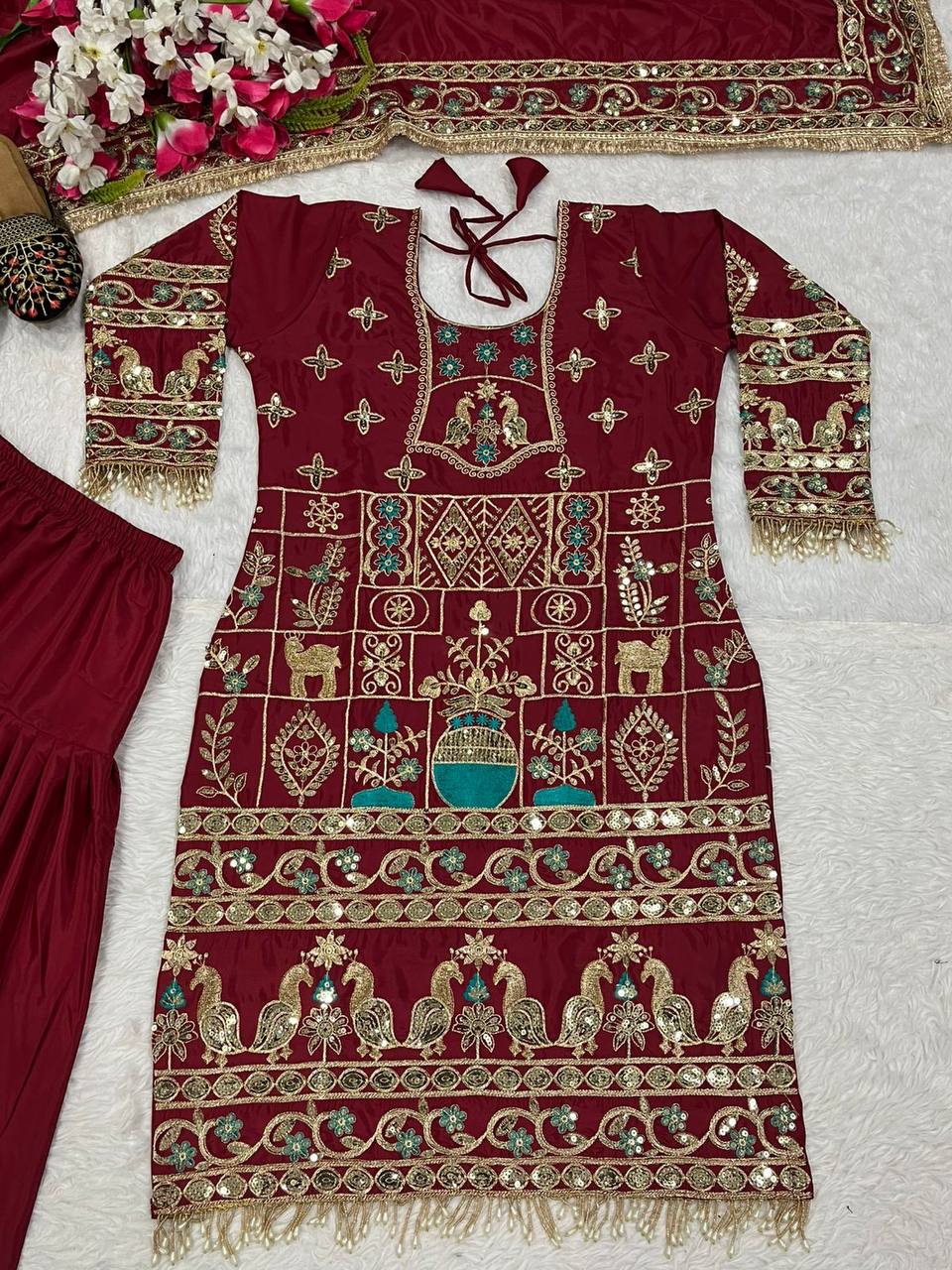 Sangeet Wear Maroon Color Natural Crepe Heavy Embroidery With 5mm Sequence Work Salwar Suit