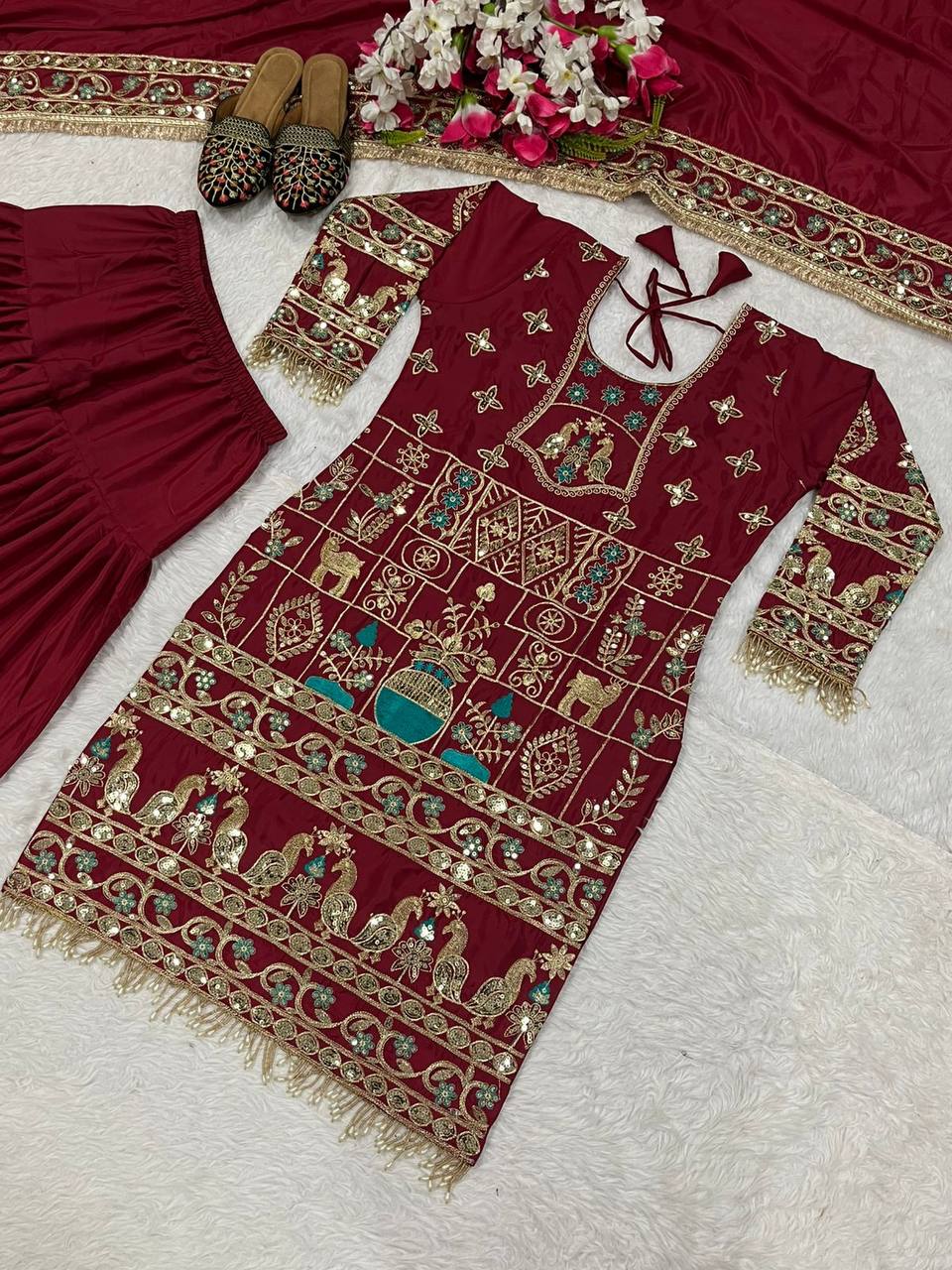 Sangeet Wear Maroon Color Natural Crepe Heavy Embroidery With 5mm Sequence Work Salwar Suit