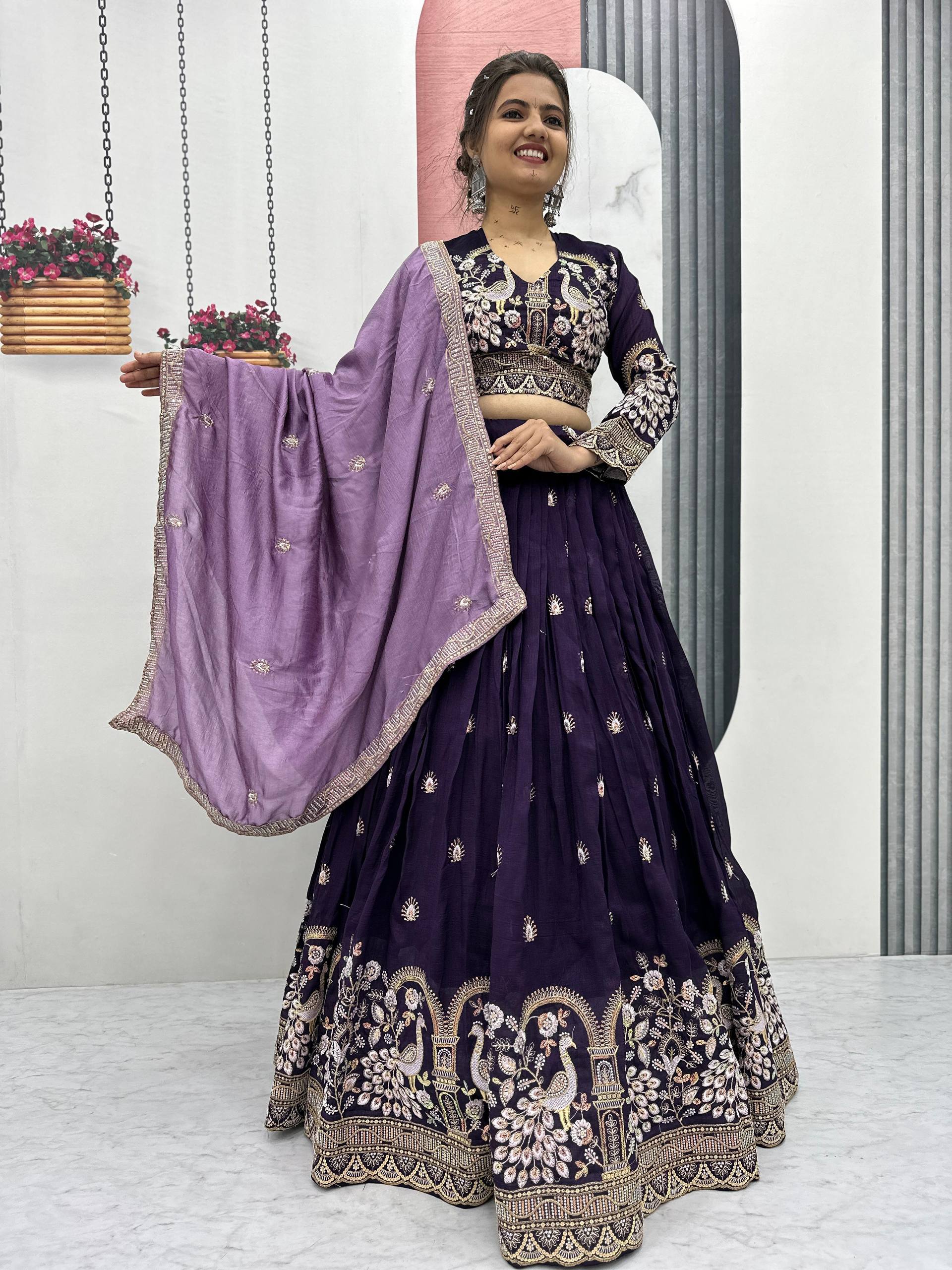 Wedding Wear Wine Color Vichitra Silk Heavy Thread And Sequins Embroidery Work Lehenga Choli