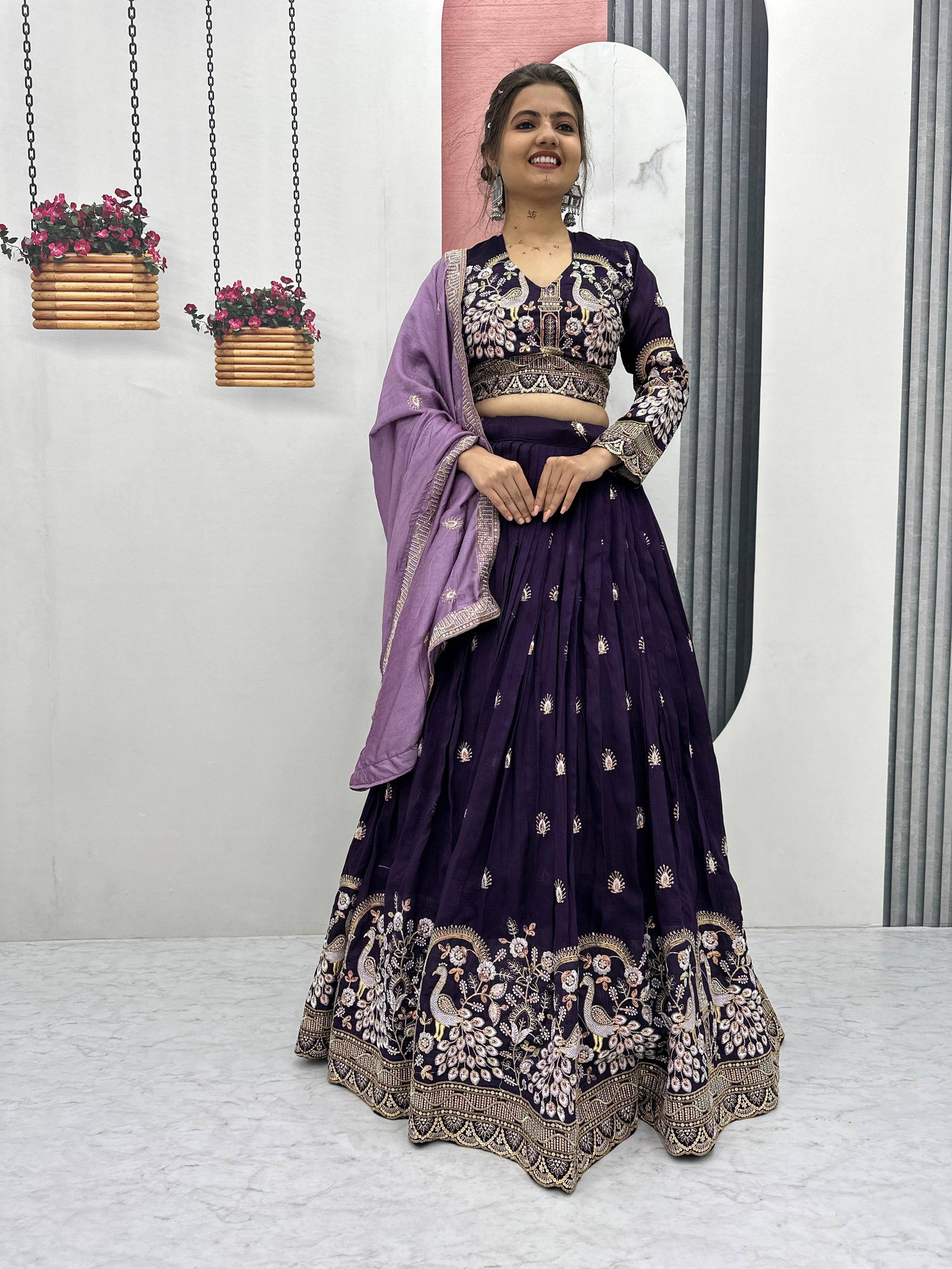 Wedding Wear Wine Color Vichitra Silk Heavy Thread And Sequins Embroidery Work Lehenga Choli