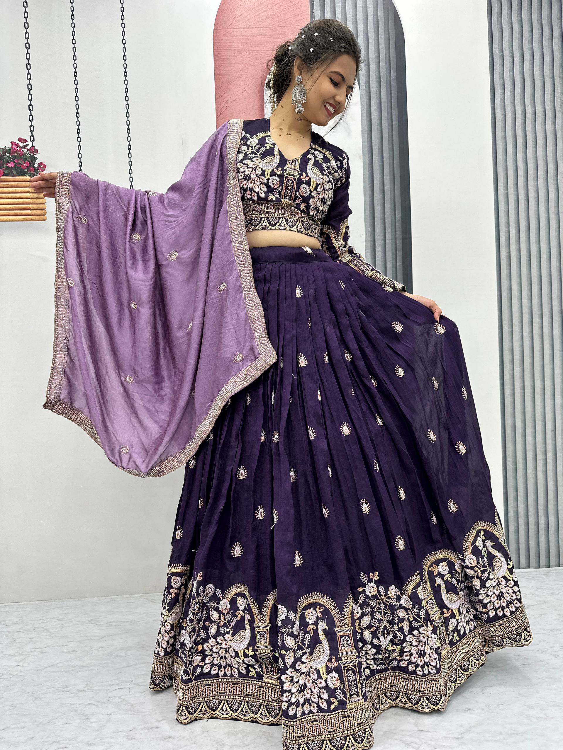 Wedding Wear Wine Color Vichitra Silk Heavy Thread And Sequins Embroidery Work Lehenga Choli