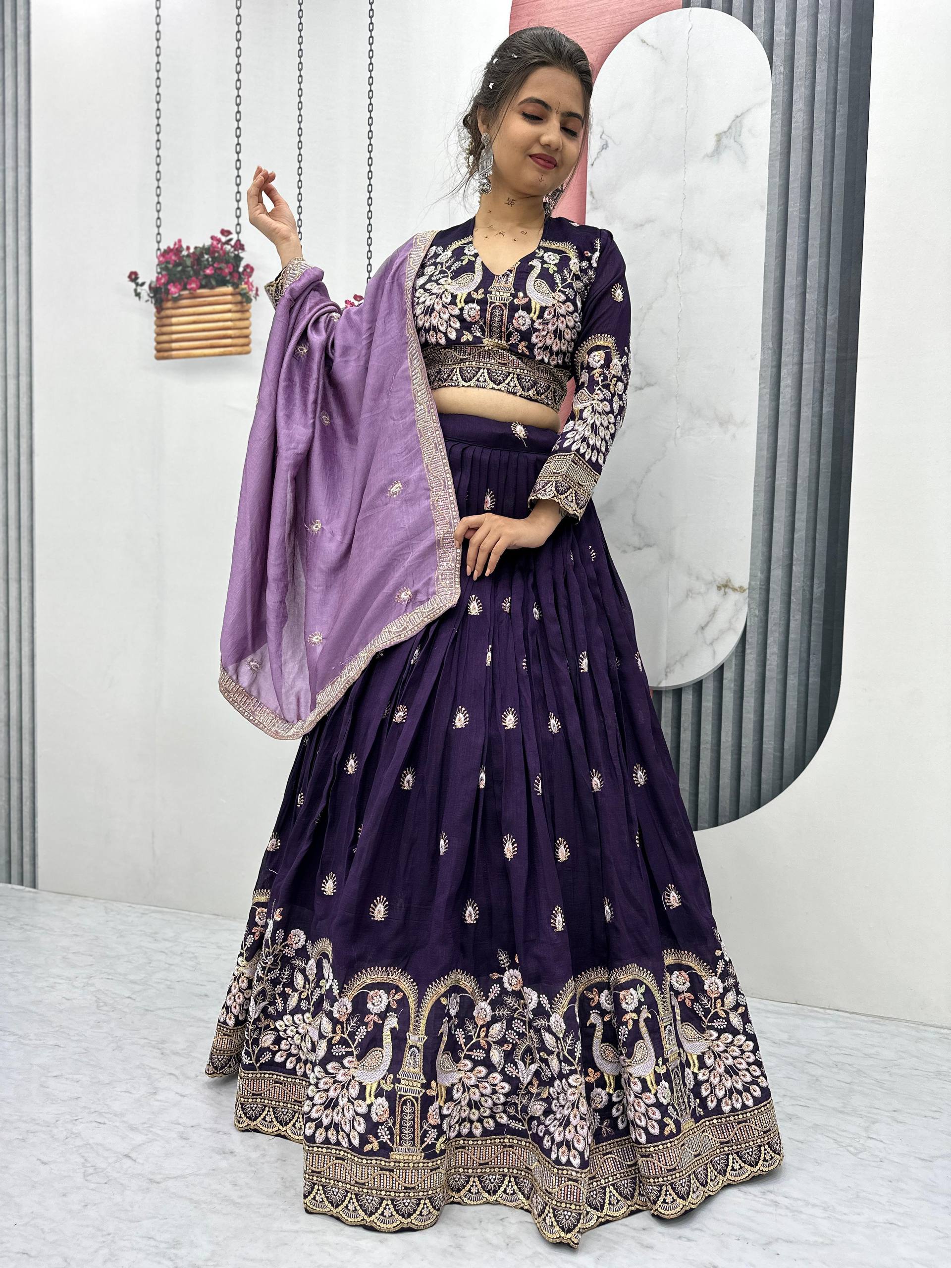 Wedding Wear Wine Color Vichitra Silk Heavy Thread And Sequins Embroidery Work Lehenga Choli