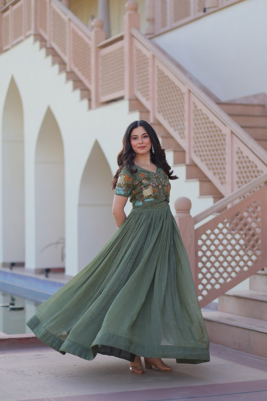 Party Wear Light Green Color Silver Crunchy Fabric With Fancy Round Neck Designer Gown