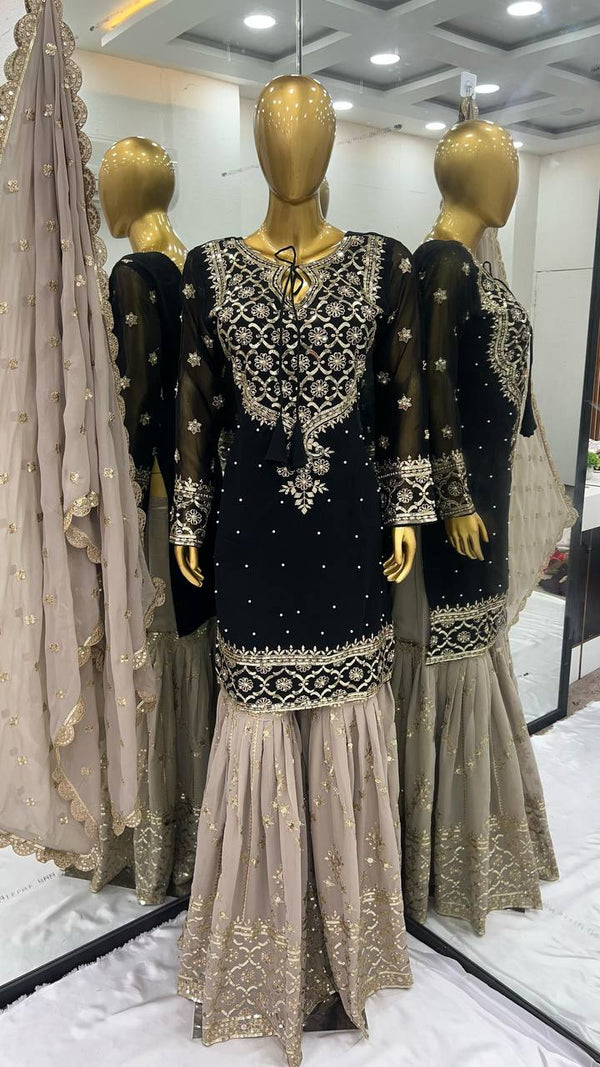 Wedding Wear Black Color Heavy Faux Georgette With 5mm Embroidery Sequence Work Sharara Suit