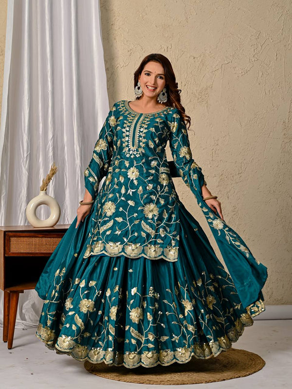 Delightful Green Color Heavy Chinon Silk Sequence Embroidered Top With Lehenga and Dupatta