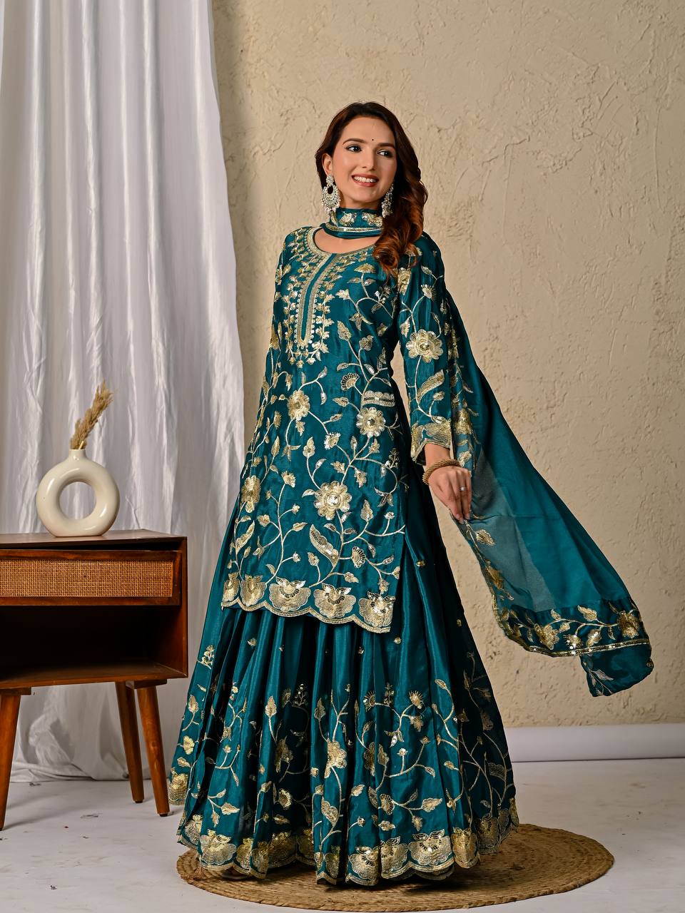 Delightful Green Color Heavy Chinon Silk Sequence Embroidered Top With Lehenga and Dupatta