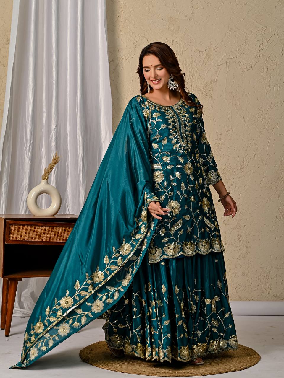 Delightful Green Color Heavy Chinon Silk Sequence Embroidered Top With Lehenga and Dupatta