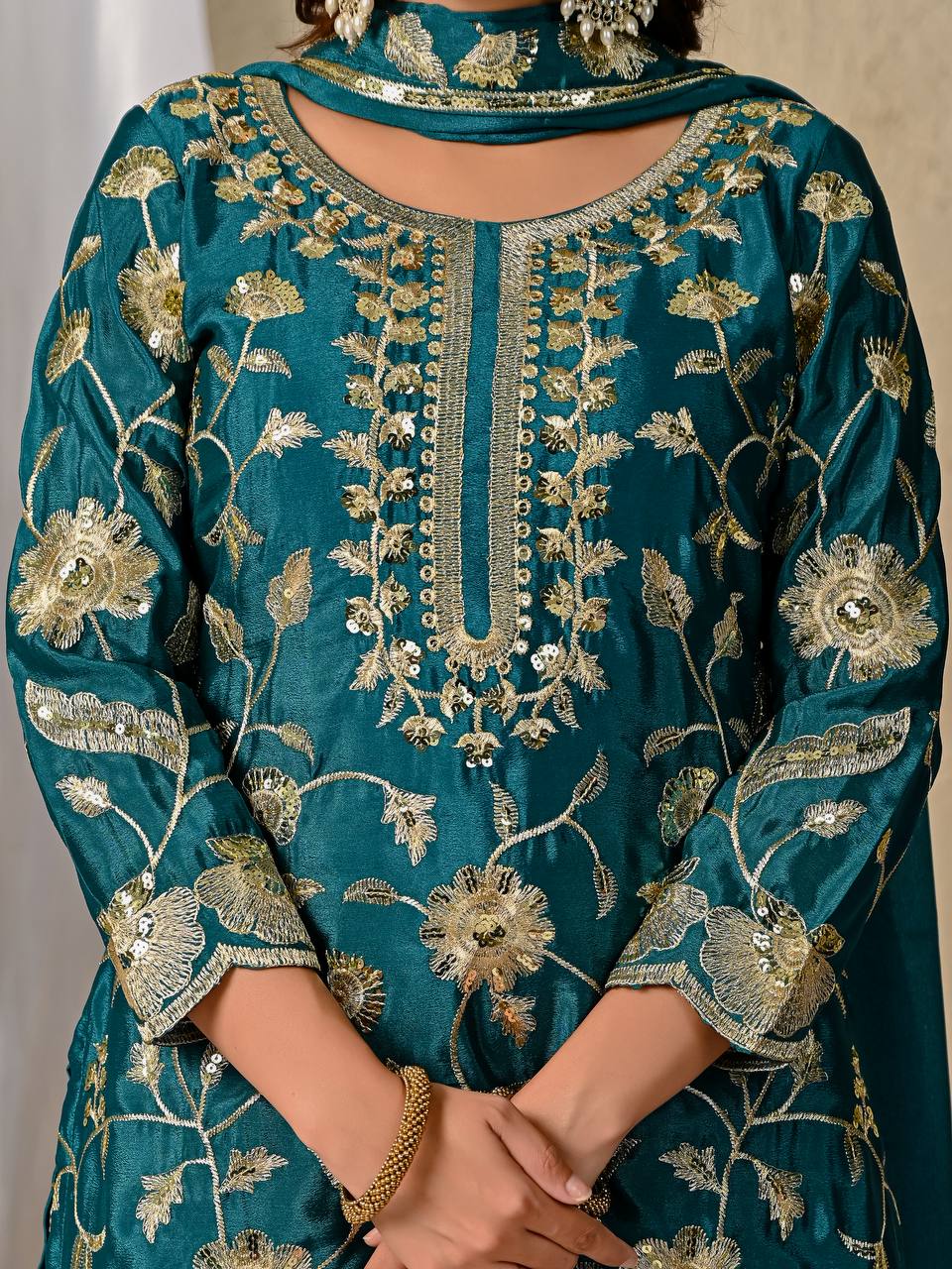 Delightful Green Color Heavy Chinon Silk Sequence Embroidered Top With Lehenga and Dupatta