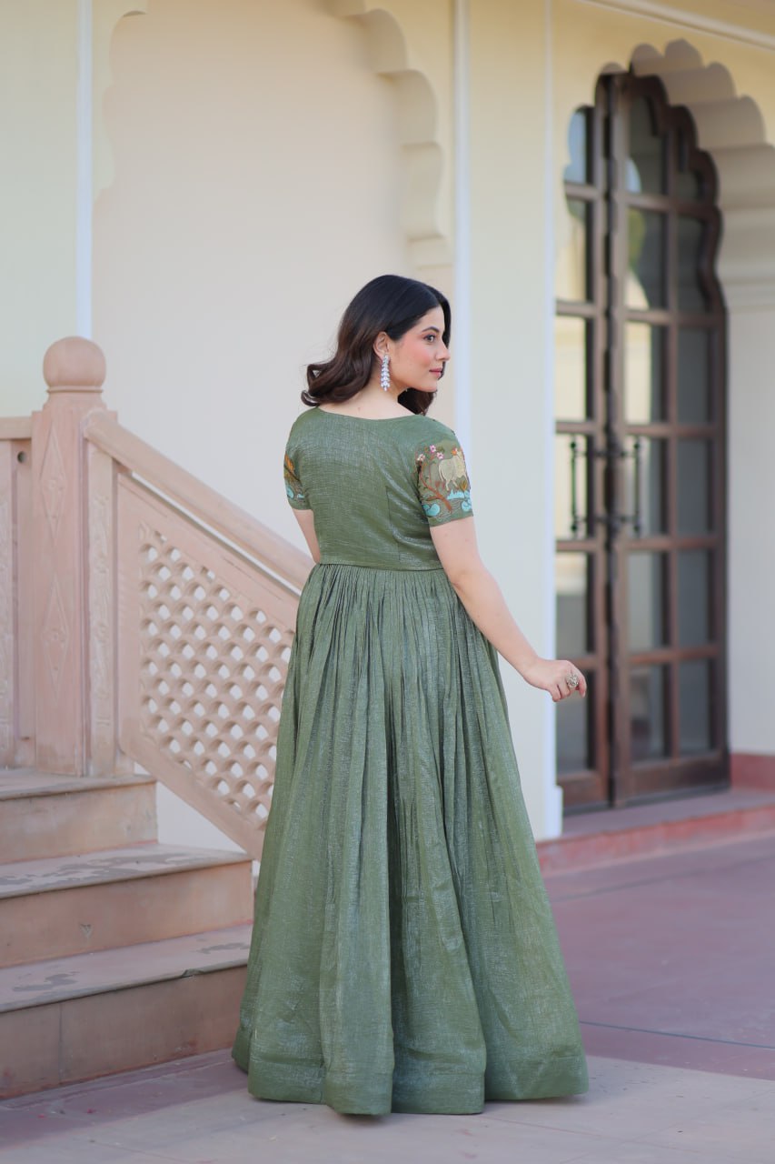 Party Wear Light Green Color Silver Crunchy Fabric With Fancy Round Neck Designer Gown