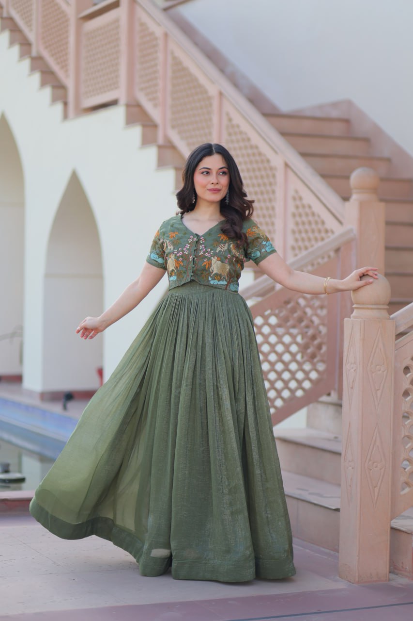 Party Wear Light Green Color Silver Crunchy Fabric With Fancy Round Neck Designer Gown