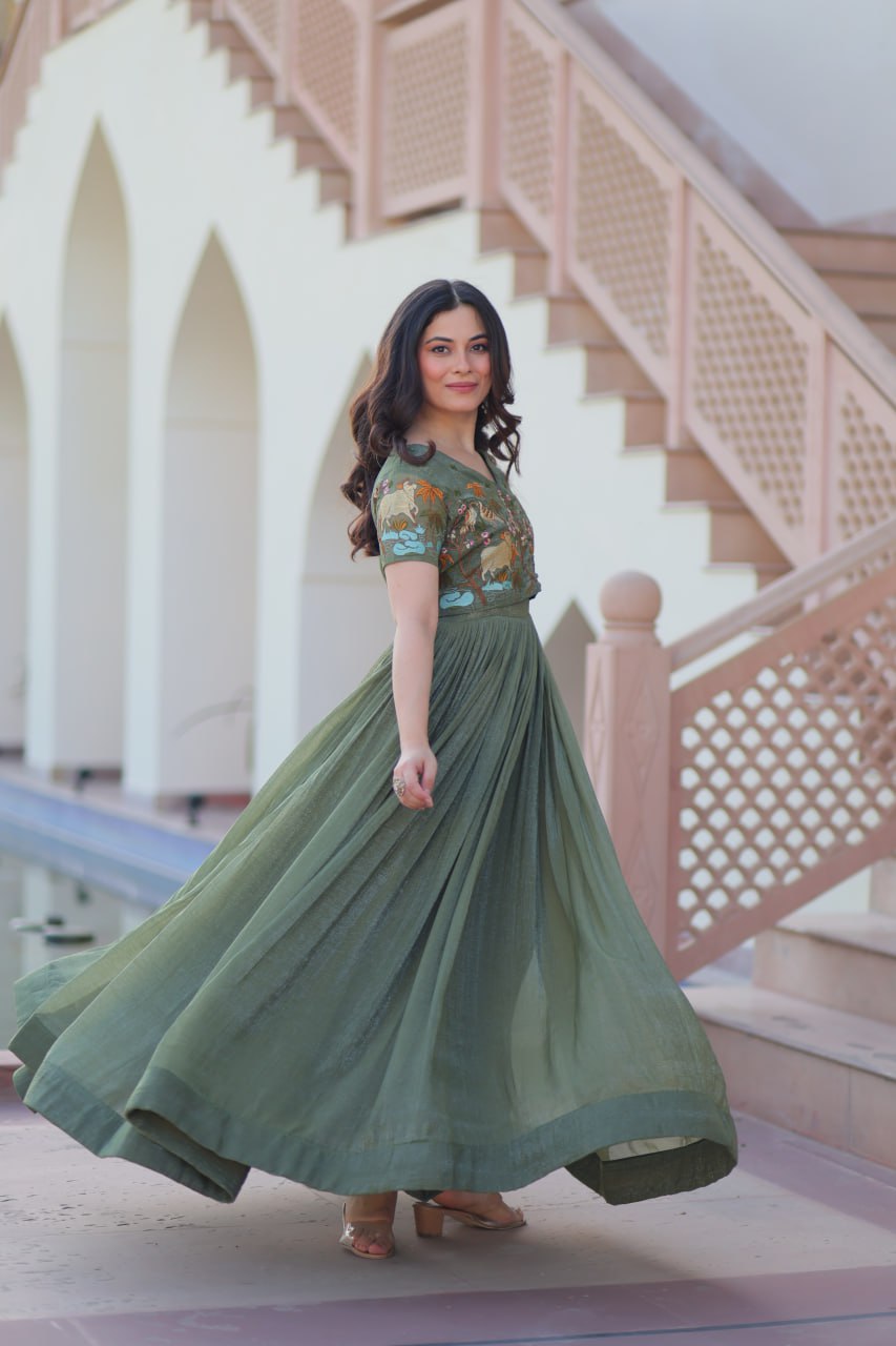 Party Wear Light Green Color Silver Crunchy Fabric With Fancy Round Neck Designer Gown