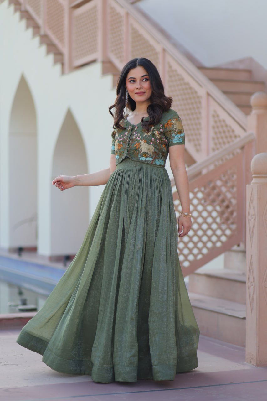 Party Wear Light Green Color Silver Crunchy Fabric With Fancy Round Neck Designer Gown