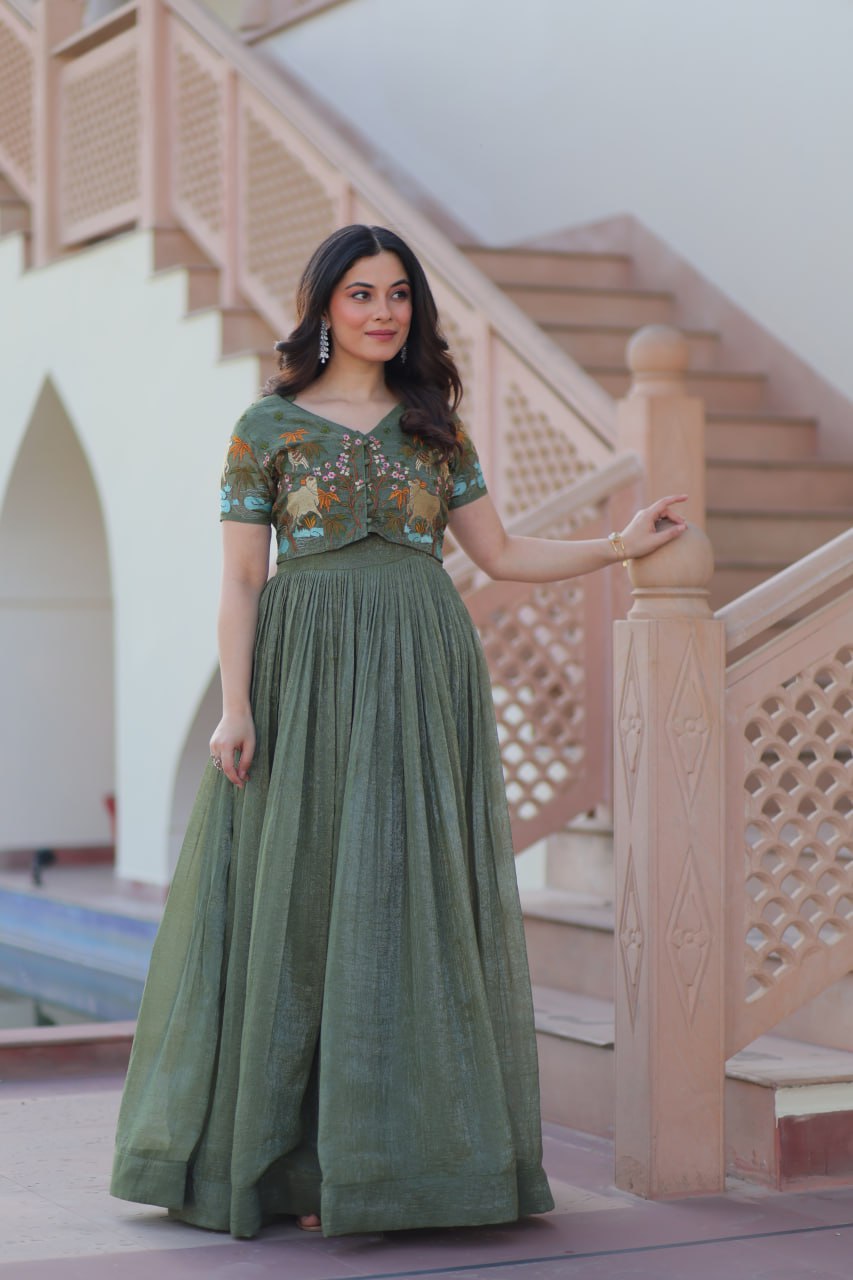 Party Wear Light Green Color Silver Crunchy Fabric With Fancy Round Neck Designer Gown